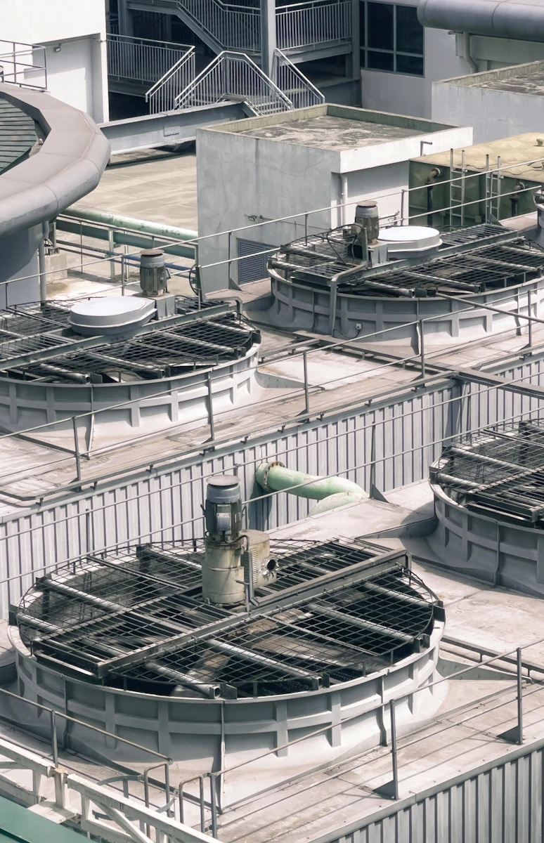 Rooftop mechanical units on a low-slope commercial roof