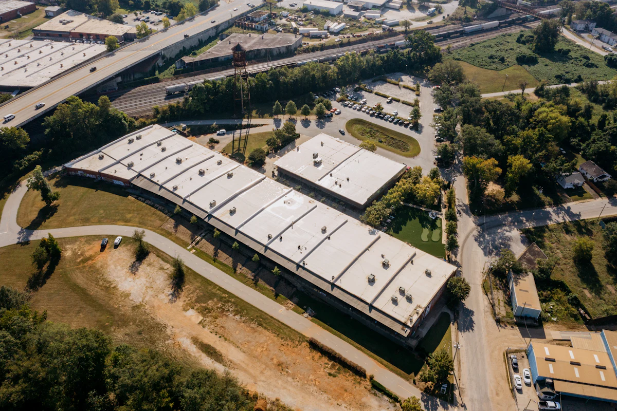 Aerial view of a low-slope commercial roof